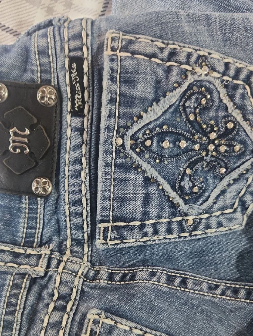 Miss Me Blue Wash Bootcut Jeans with Distressed Accents - Picture 5 of 7